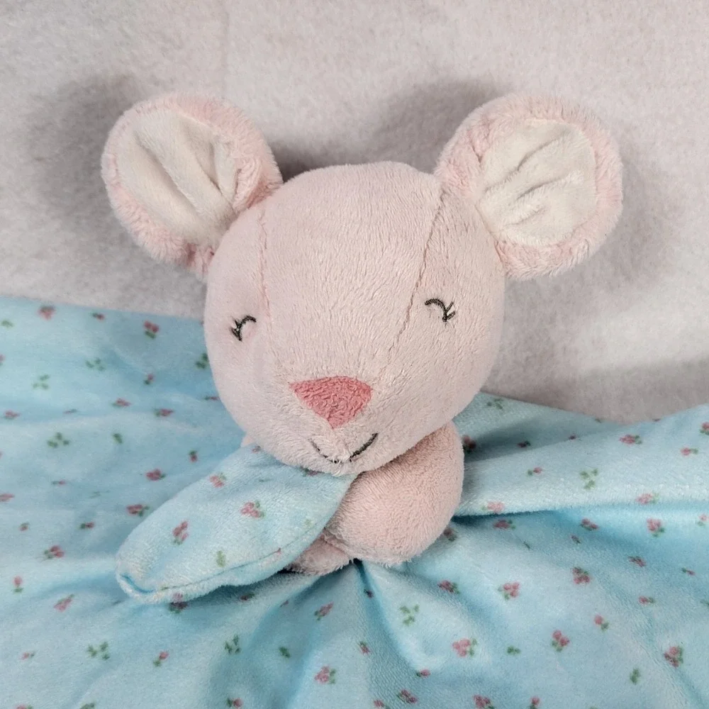 Carters Pink & Blue Teal Floral Stuffed Mouse‎ Lovey Plush Satin Edges Blanky